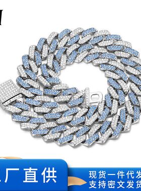 欧美跨境高品质14mm菱形古巴链小翻盖蓝色四边形嘻哈风项链外贸