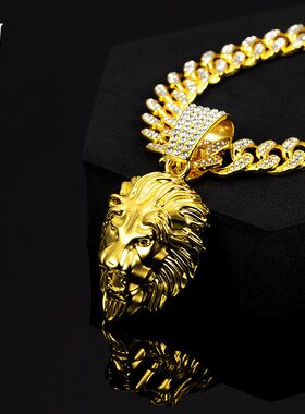 欧美嘻哈饰品古巴项链狮子头吊坠合金满钻大金链外贸跨境货源工厂