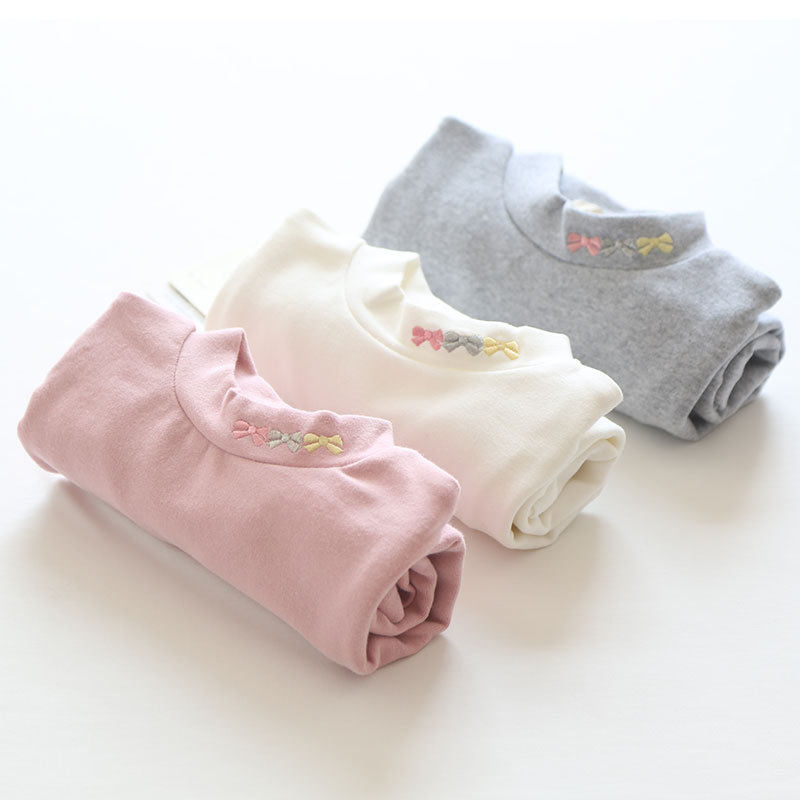 春秋款女童日系白色百搭半高领长袖T恤纯色打底衫儿童装刺绣纯棉