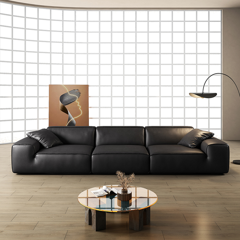 意式简约真皮大黑牛沙发2025新款客厅直排黑色真皮沙发轻奢高端
