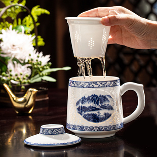 景德镇陶瓷办公杯茶杯带盖过滤泡茶水杯大容量功夫茶具送礼家用杯