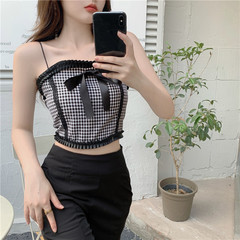 Real photo Han Feng Chi Retro Black and white plaid stitching LACE BOW STRAP vest with top
