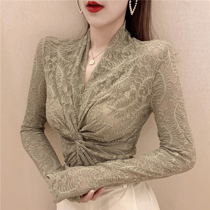 Real shot summer and autumn Tight Sexy hollow out cross V-Neck long sleeve lace shirt with chest and bottom