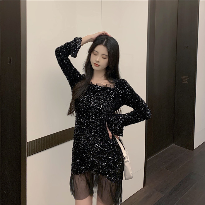 Shooting autumn and winter slim body Sexy Sequin nightclub buttock bag hip Long Sleeve Dress