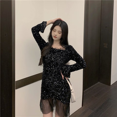 Shooting autumn and winter slim body Sexy Sequin nightclub buttock bag hip Long Sleeve Dress