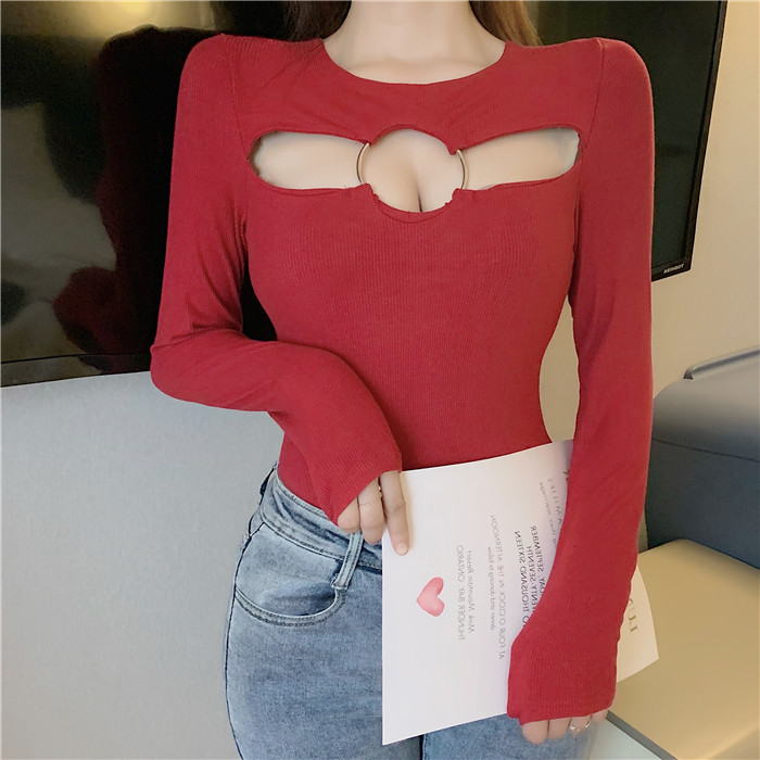 Autumn and winter new style chest back leakage iron ring decoration slim sexy long sleeve bottom t women