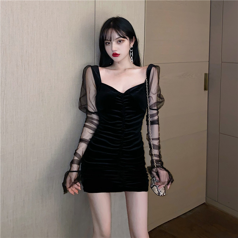 Real shot new sexy sling wrap dress hip dress mesh long sleeve Hepburn trampy