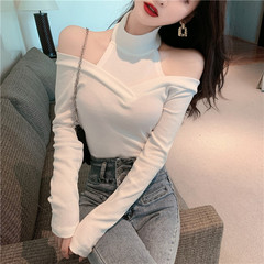 Real shot winter long sleeve V-neck two sides wear hollow slim short sexy bottoming t-women