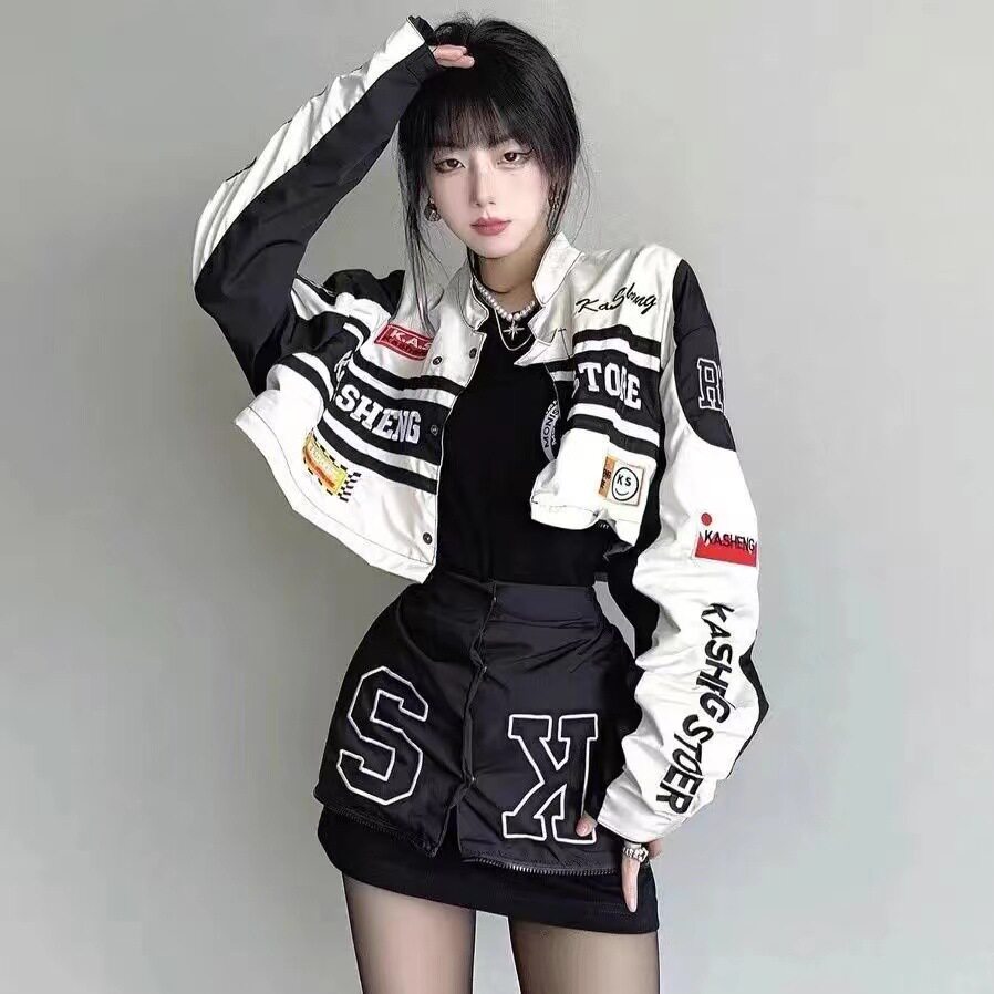 情侣可拆卸机车棒球服外套女秋季薄vintage美式复古赛车辣妹套装