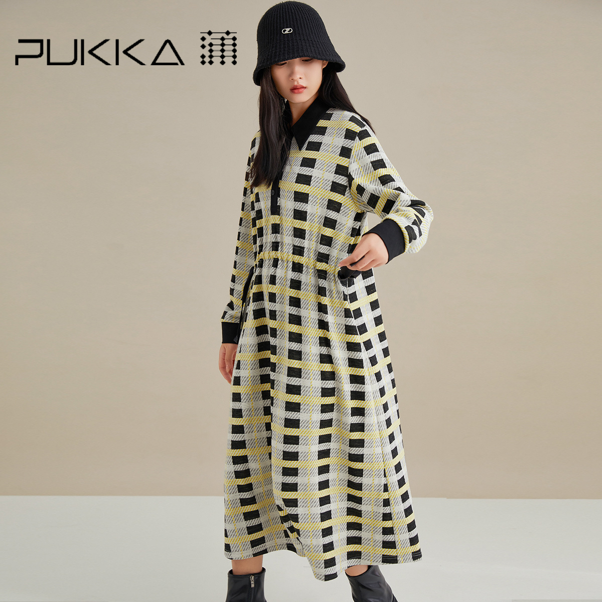 PUKKA长款连衣裙衬衫领条纹拼色