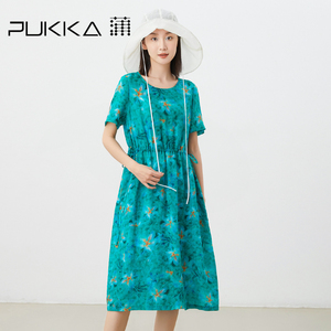 蒲PUKKA 原创设计夏装苎麻印花新中式大圆领度假连衣裙