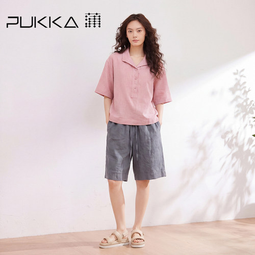 PUKKA亚麻五分短裤女透气显瘦