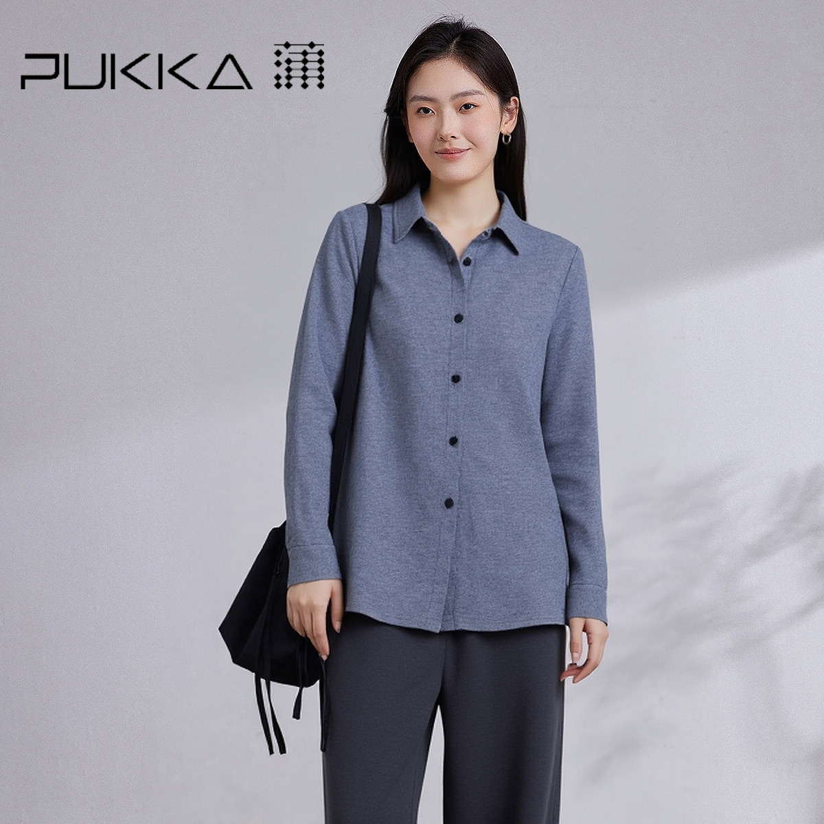 PUKKA 蒲牌翻领长袖衬衫女秋冬新品羊毛文艺通勤百搭保暖显瘦上衣