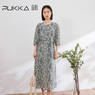 新品 蒲PUKKKA 连衣裙24夏季 文艺苎麻印花系带收腰显瘦中袖 新中式