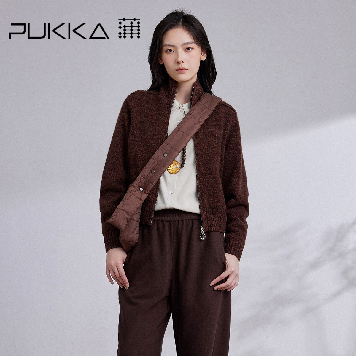蒲PUKKA 2025冬季新款绵羊毛针织开衫女立领复古拉链短外套,女装/女士精品,毛针织衫,淘宝优惠券,粉丝福利购,淘宝优惠卷