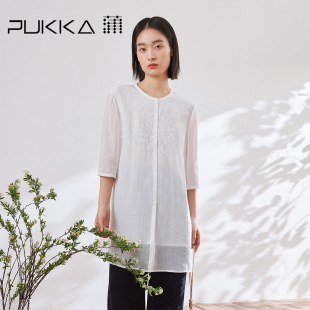 五分袖 女春夏绣花圆领新中式 白衬衣 苎麻衬衫 蒲PUKKA