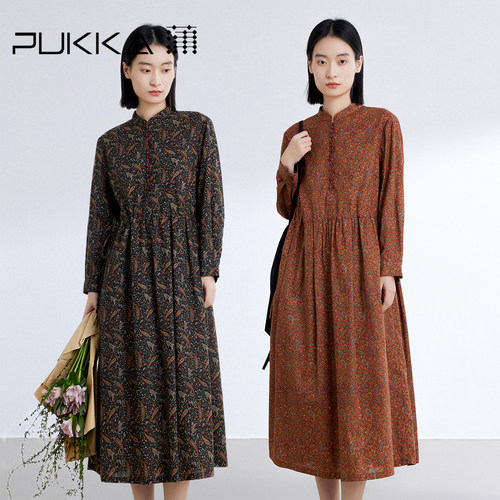 蒲PUKKA文艺复古印花纯棉连衣裙