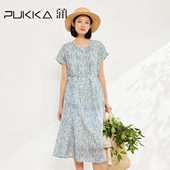 蒲PUKKA 苎麻印花连衣裙夏季 宽松显瘦气质文艺清新长裙无内衬