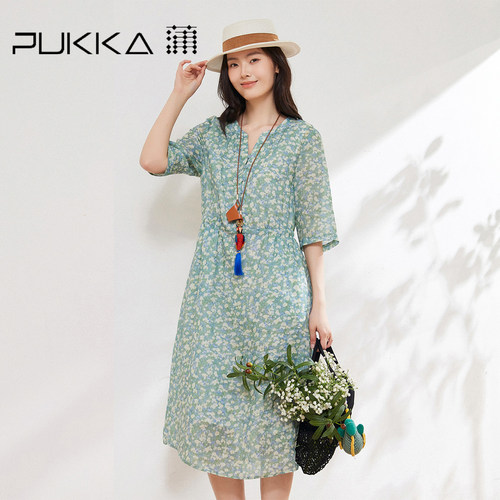 蒲PUKKA苎麻碎花收腰显瘦连衣裙