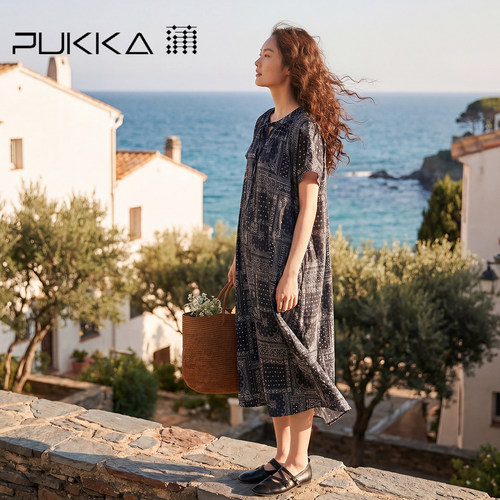 蒲PUKKA夏印花短袖A字连衣裙