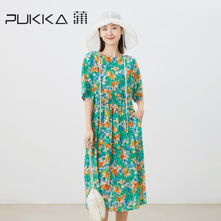 蒲PUKKA 原创设计夏季桑蚕丝法式气质显瘦印花收腰连衣裙