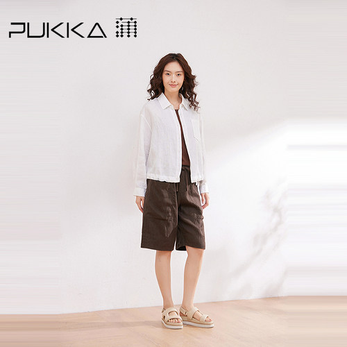 PUKKA亚麻女夏松紧工装五分裤