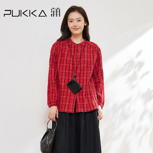 蒲PUKKA法式格子棉麻宽松衬衫
