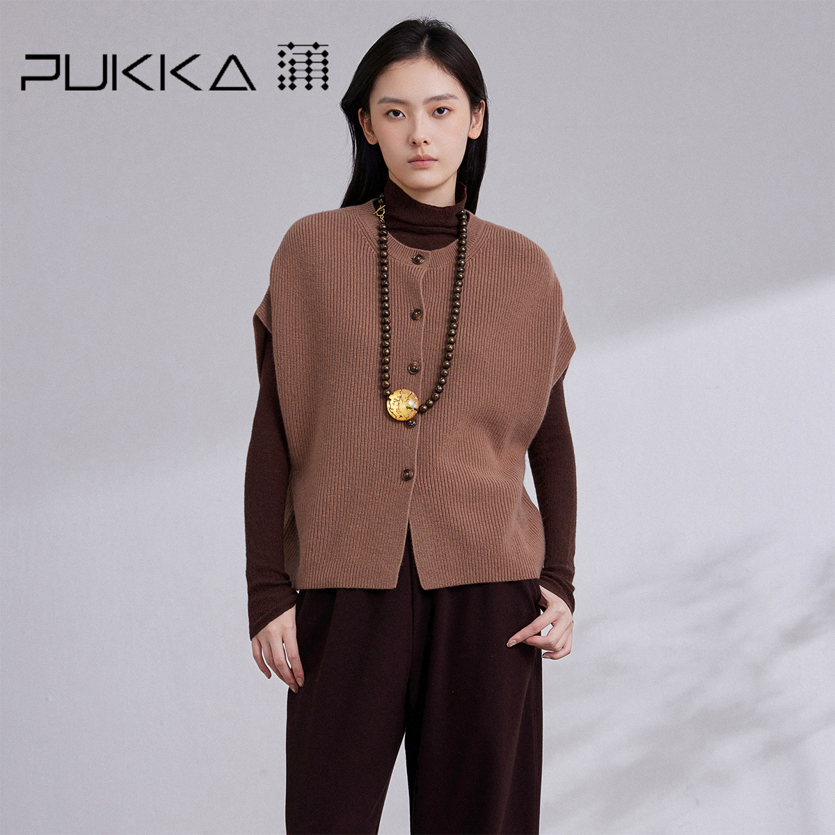 PUKKA 蒲牌秋冬新品羊毛针织开衫女文艺气质复古无袖毛衣外套上衣