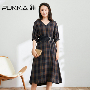 蒲PUKKA 女装棉质连衣裙春夏装设计感格纹V领裙商场同款