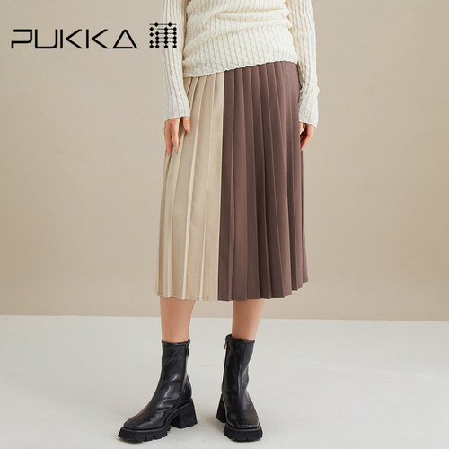 PUKKA半身裙百褶拼色休闲