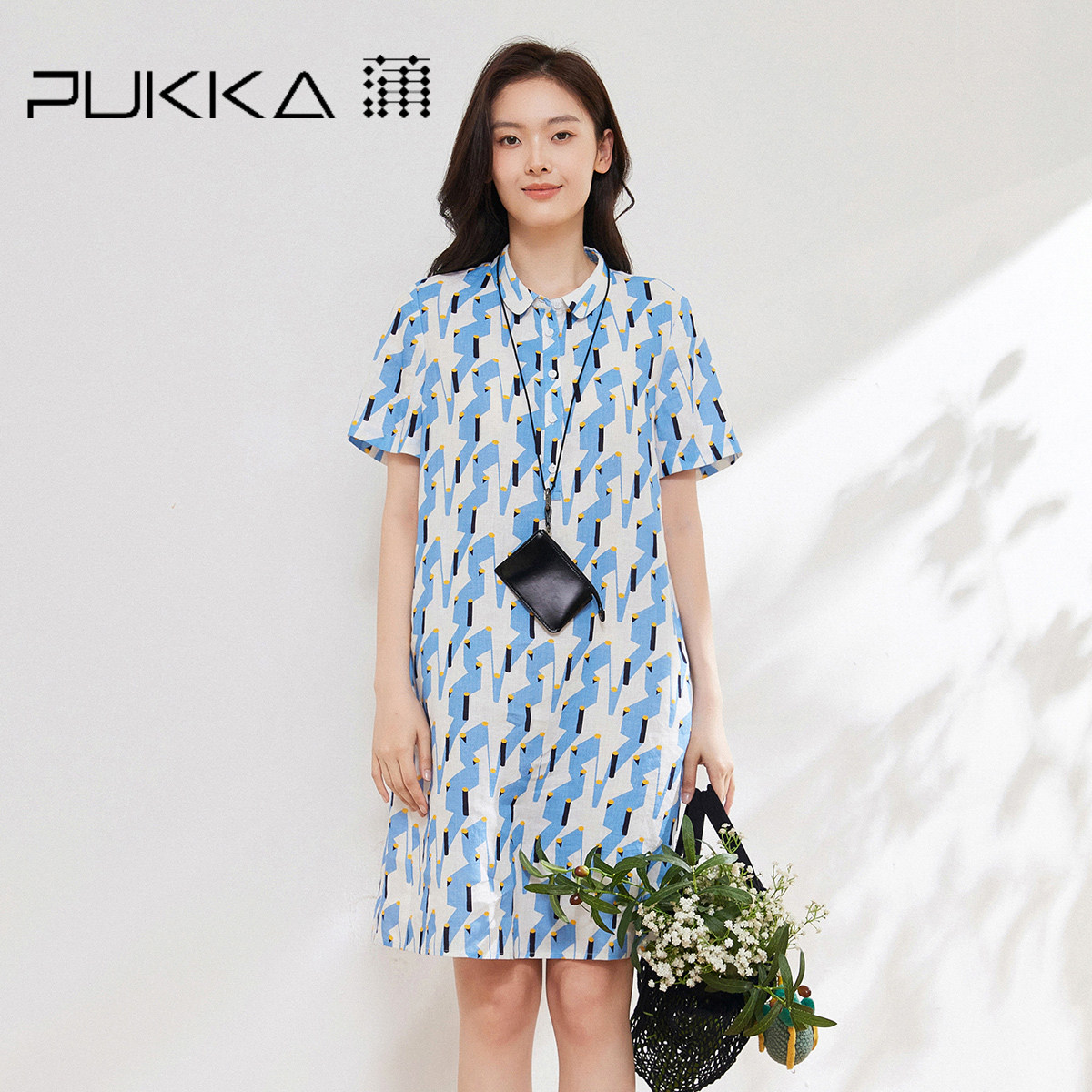 蒲PUKKA 亚麻连衣裙女2026新品通勤宽松夏季短袖印花休闲A字裙
