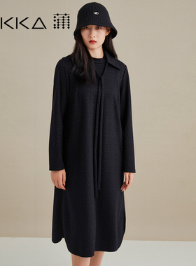 蒲PUKKA 秋冬长袖连衣裙女圆领星点黑色中长裙宽松女裙商场同款