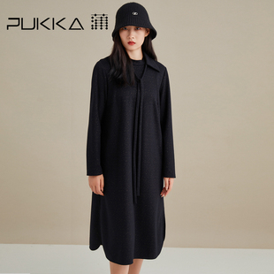 连衣裙女圆领星点黑色中长裙宽松女裙商场同款 蒲PUKKA 秋冬长袖