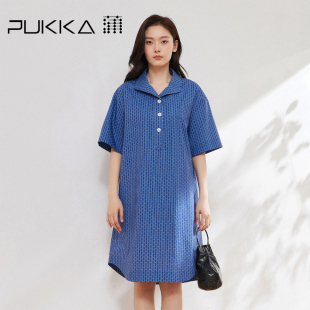 宽松翻领气质度假休闲裙 新品 蒲PUKKA 纯棉文艺印花连衣裙2026夏季