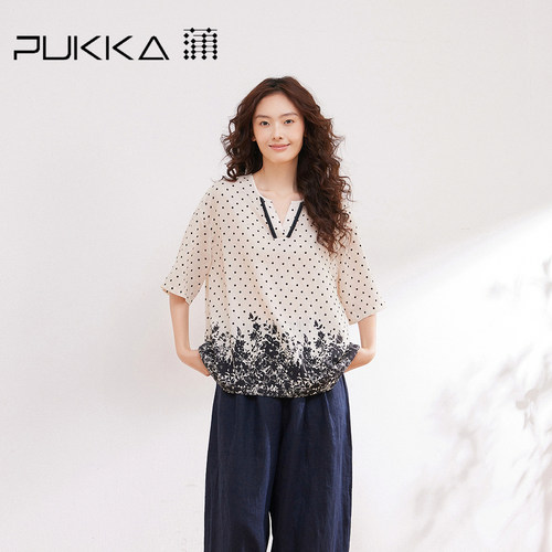 夏季新品V领水墨印花短袖衬衫