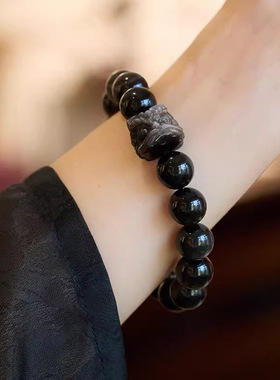 天然黑曜石银曜石醒狮手链女新中