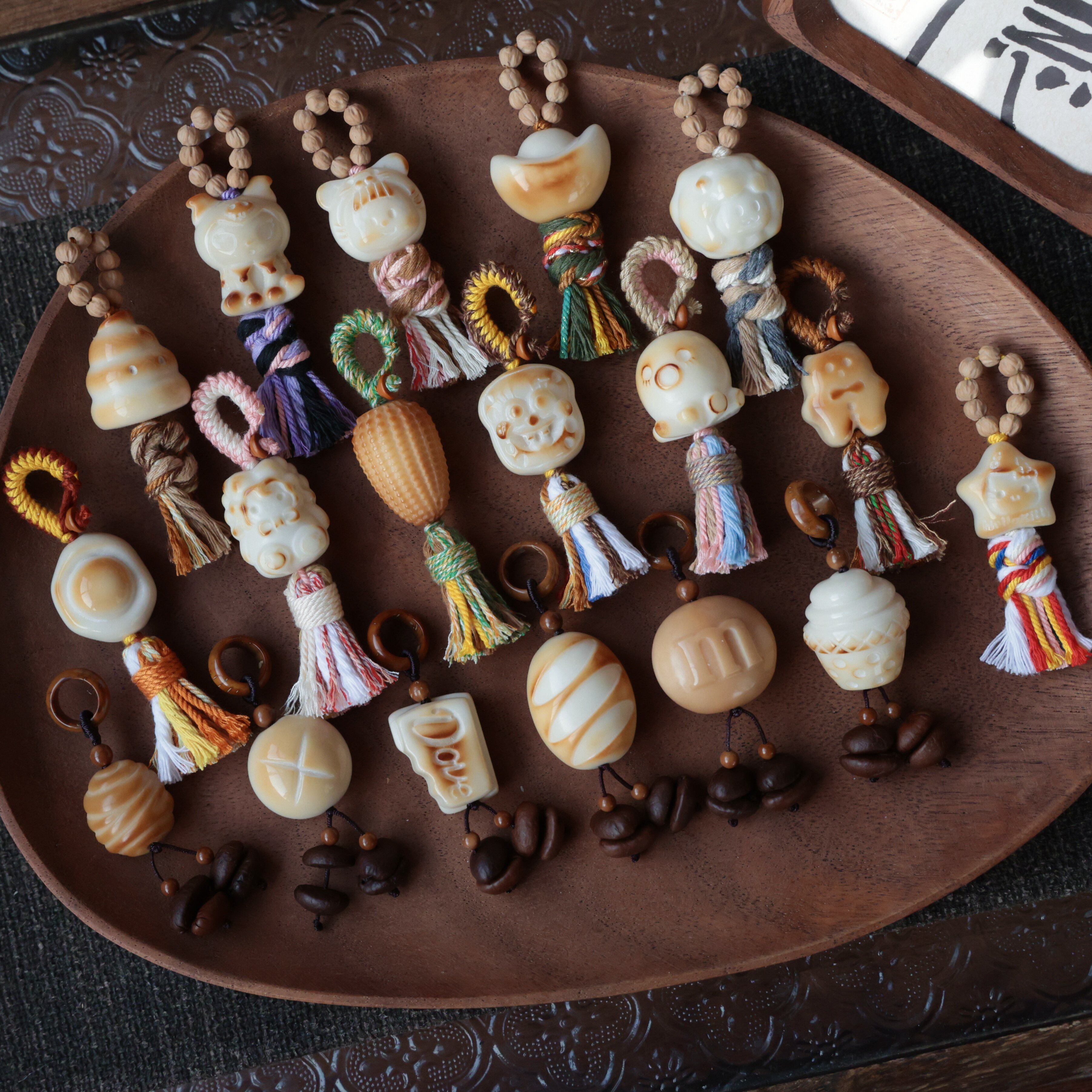 原创天然碳烤象牙果小提溜流苏手工编织钥匙扣挂饰品时尚百搭文玩