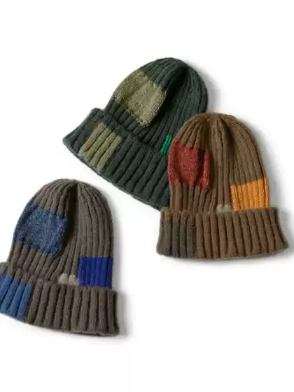 22Aw Kapital Hirata Kazuhiro Japanese-Style Two-Tone Unisex Cotton and Linen Patchwork Knitted Beanie Hat