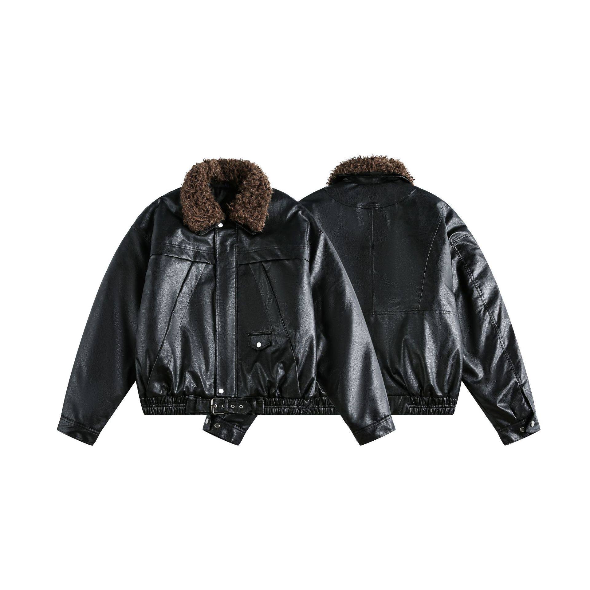 日系复古可拆毛领夹棉皮衣夹克外套男女痞帅加厚翻领机车棉服棉袄