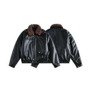 日系复古可拆毛领夹棉皮衣夹克外套男女痞帅加厚翻领机车棉服棉袄