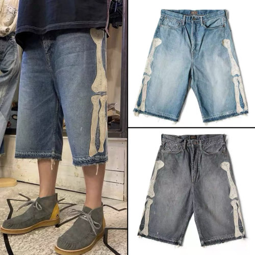 KAPITAL平田和宏 宽松休闲裤刺绣骨头洗水做旧毛边牛仔短裤男女款