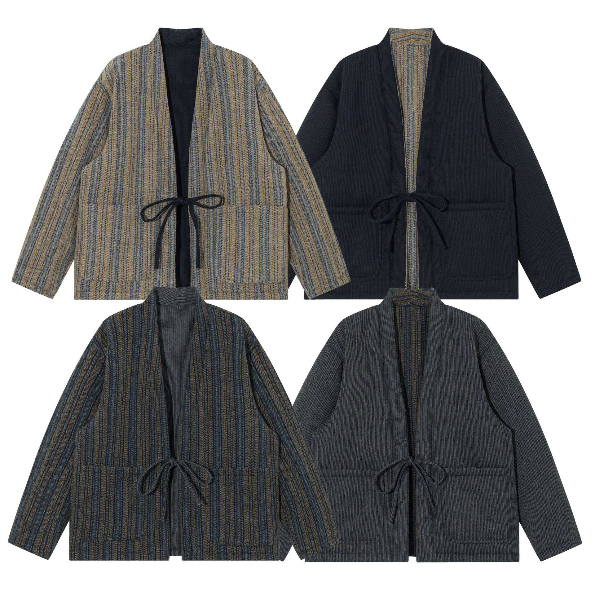 【两面穿】冬季日系复古民族风条纹道袍棉服男女宽松工装棉衣外套