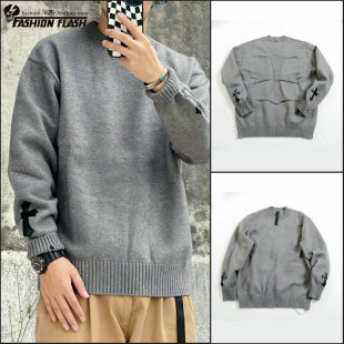 22FW秋冬CH男女同款 口十字架皮标刺绣立体嵌花图案套头毛衣针织 袖