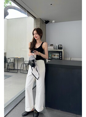 日系R0W风经典款高腰四季款简约Eglitta白色黑色蓝色阔腿牛仔裤女