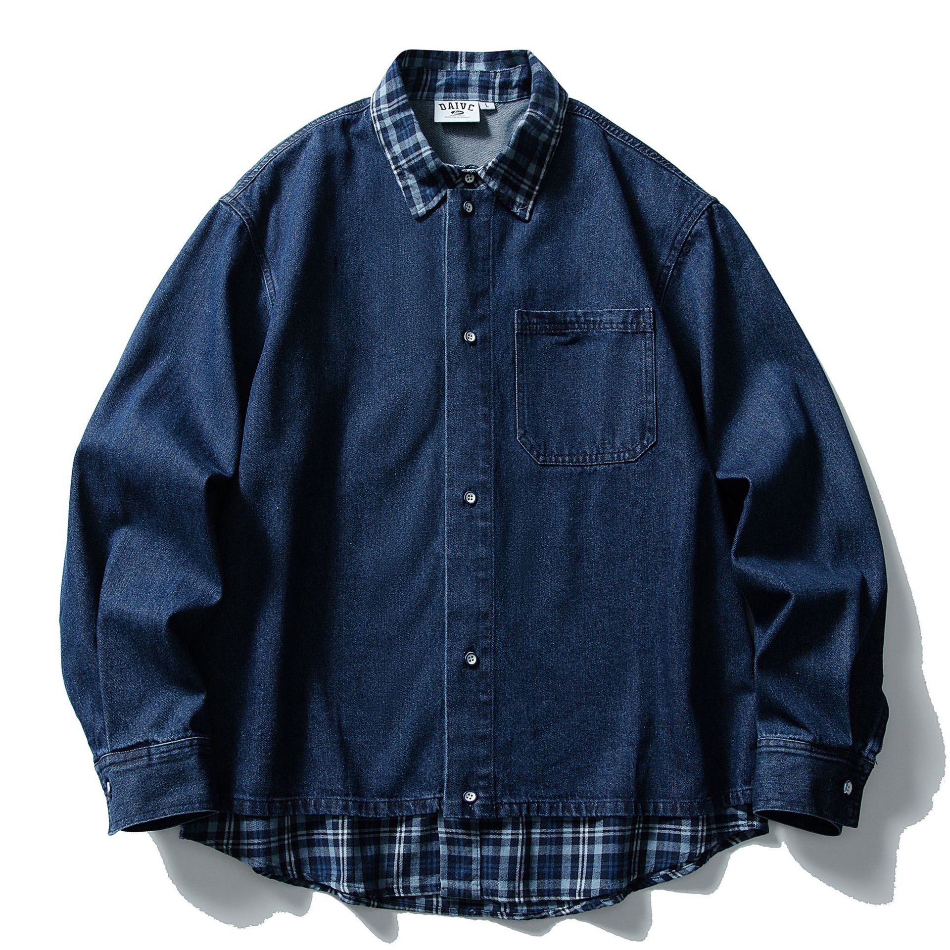 日系复古假两件格子拼接牛仔工装衬衫男宽松长袖衬衣情侣休闲外套