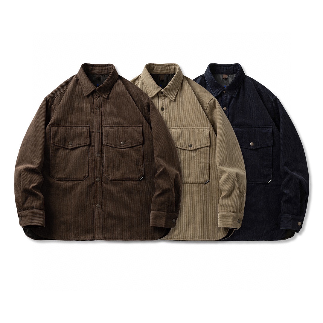 日系复古重磅纯棉灯芯绒衬衫男阿美咔叽双口袋工装长袖衬衣男外套