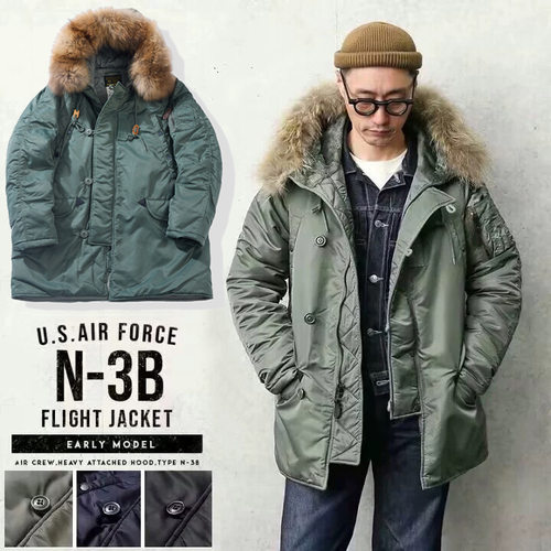 日系N-3B防寒服加厚中长款派克大衣棉服男貉子毛N3B毛领可拆棉衣