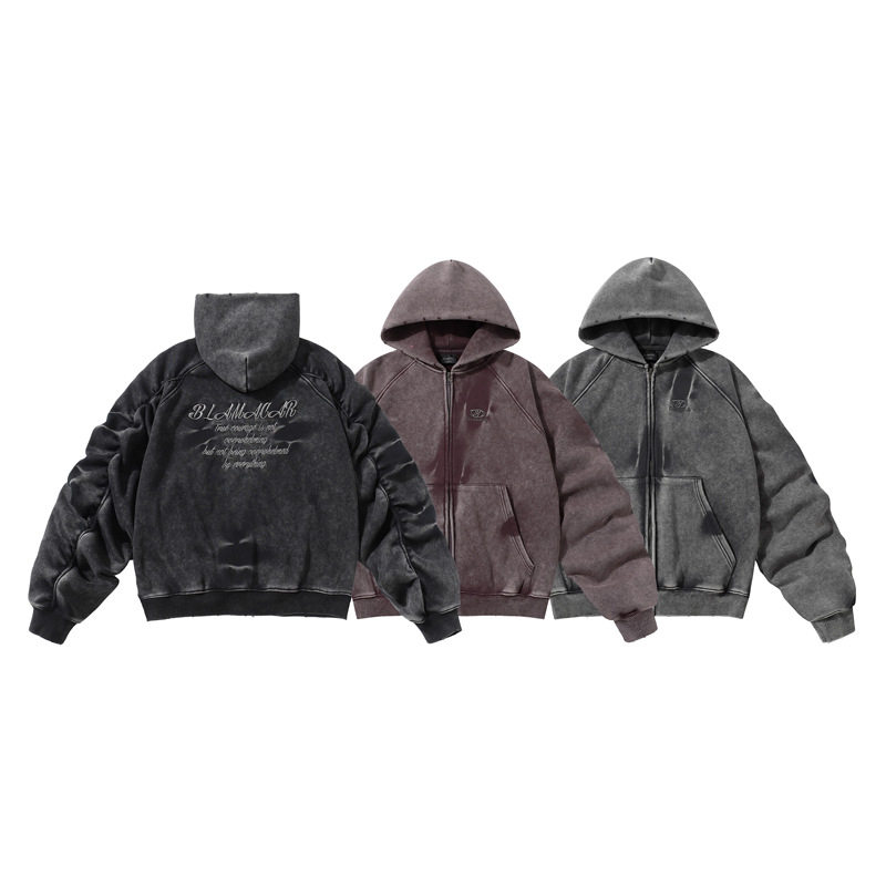 秋冬日系复古水洗做旧连帽加绒卫衣男女高街潮牌宽松开衫短款外套