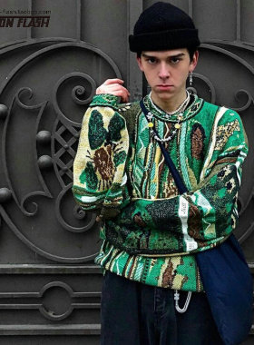 KAPITAL 24SS 复古撞色针织花纹圆领套头毛衣 彩色狮子人像男女潮