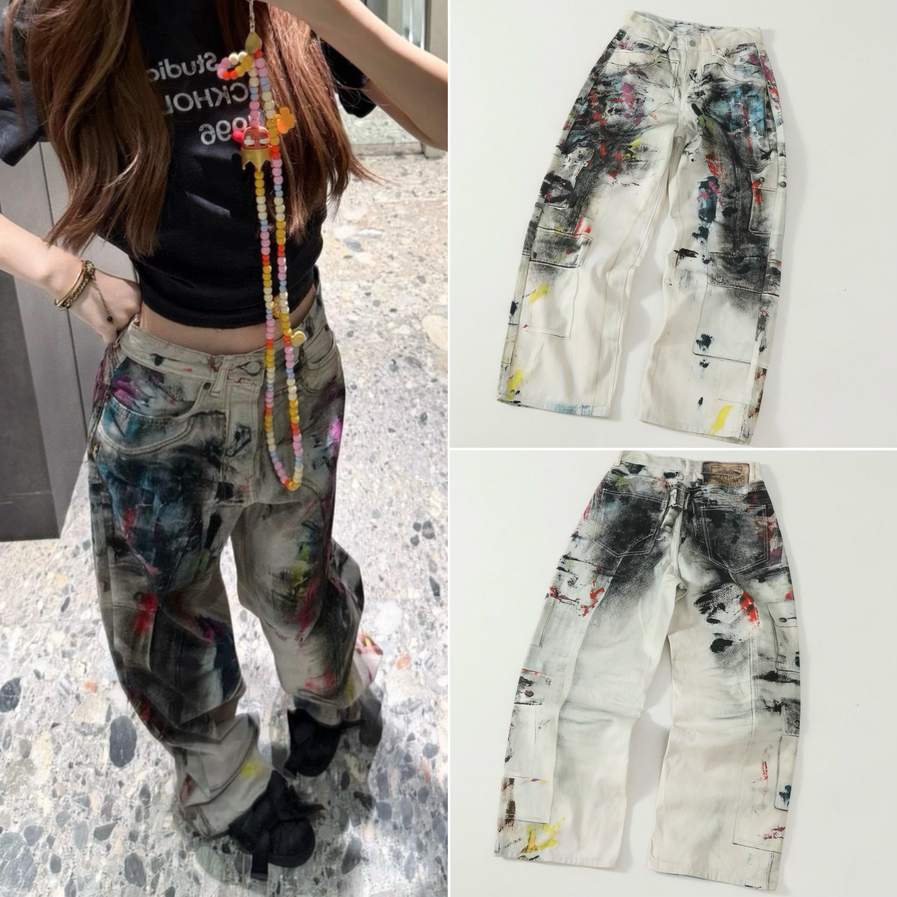 25SS 汪苏泷同款1981错觉3D打印花泼墨涂鸦牛仔裤男女阔腿休闲裤